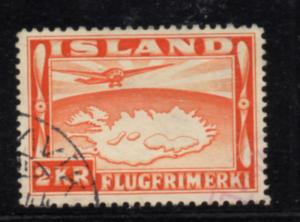 Iceland Sc C20 1934 2 kr plane & map airmail stamp used
