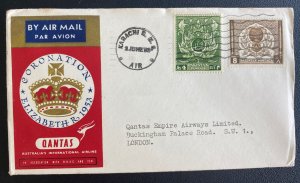 1953 Karachi India First Day Cover  To England Queen Elizabeth 2 Coronation