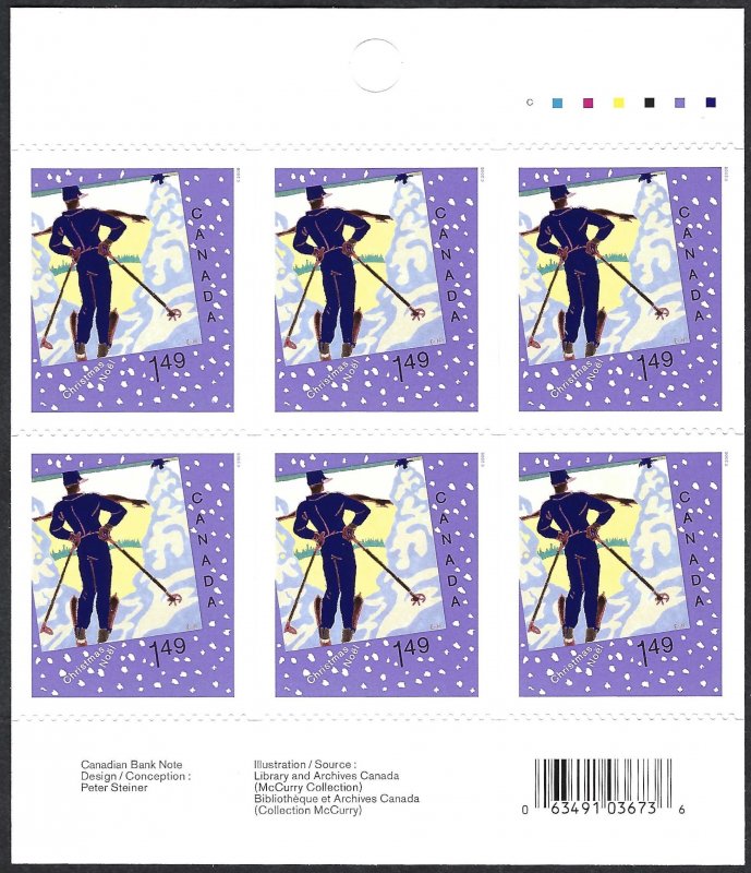Canada #2186a $1.49 Christmas Card Art - Skier (2006). Pane of 6 stamps. MNH