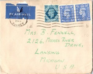 Great Britain 2 1/2d (2) and 10d KGVI 1945 Weybridge, Surrey Airmail to Lansi...