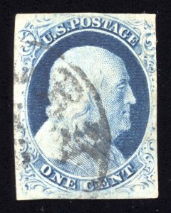 US Scott 9 Used 1c Blue 1852 AA035 bhmstamps