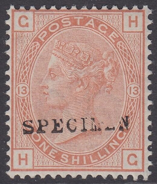 SG 163 1/- orange-brown plate 13, overprinted specimen leaving Queens...