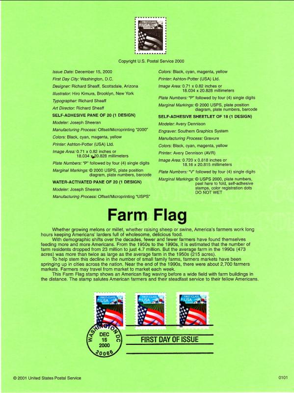 US SP1379 Farm Flag 3448-3450 Souvenir Page FDC