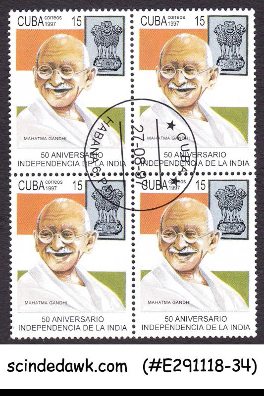 CUBA - 1997 50th INDEPENDENCE ANNIV. / GANDHI - BLK OF 4 - CTO