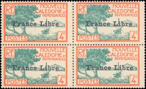 New Caledonia #220, Incomplete Set, Block of 4, 1941, Never Hinged