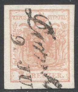 AUSTRIA 1850  3kr red Sc 3e f, Type I, MP Used, Dornbirn script cancel, Sc $52