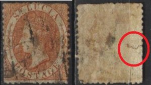 Saint Lucia 10 (used, faults: tear, rough edges) (1sh) Victoria, red org (1864)