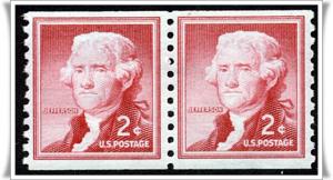 SC#1055a 2¢ Jefferson Coil Pair (Tagged, Shiny Gum) MNH  