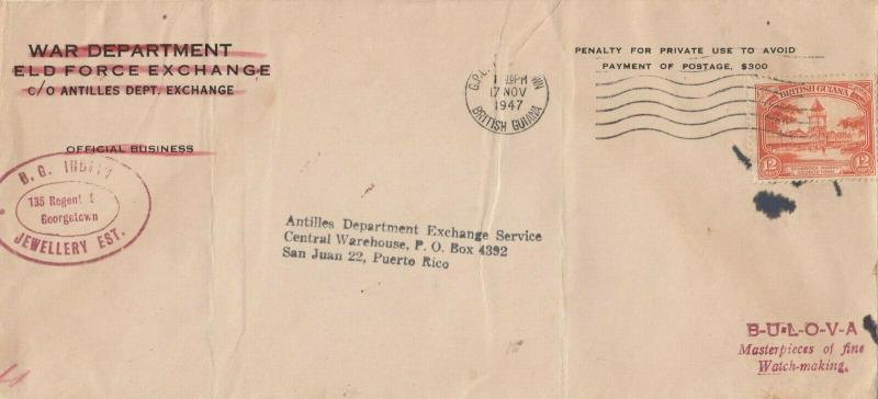 Cover Penalty Envelope Used from British Guiana to Puerto Rico 1947 