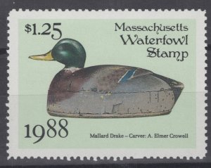 ZAYIX 1988 Massachusetts 15  MNH - US State Duck Stamp - Birds - 062322S47