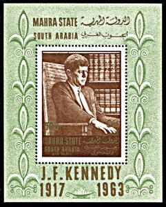 Mahra State Michel Block 1A, MNH, John F. Kennedy souvenir sheet.