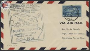 Cuba 1931 First Flight Cover Nuevitas - Puerto Rico | Edifil E105 | CU8130