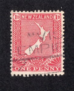 New Zealand 1923 1p carmine rose Map, Scott 175 used, value = 70c