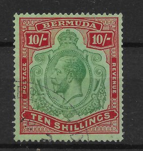 BERMUDA SG92b 1924 10/= GREEN & RED ON PALE EMERALD BROKEN CROWN & SCROLL USED