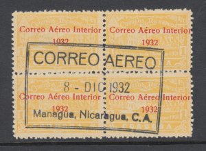 Nicaragua Sc C39 used 1939 1cor Post Office w/ Correo Aereo Interior ovpt, Block