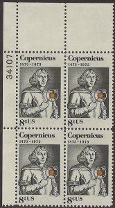 Scott # 1488 1973 8c blk & yel Litho& N. Copernicus
; TAGGED Plate Block - Up...