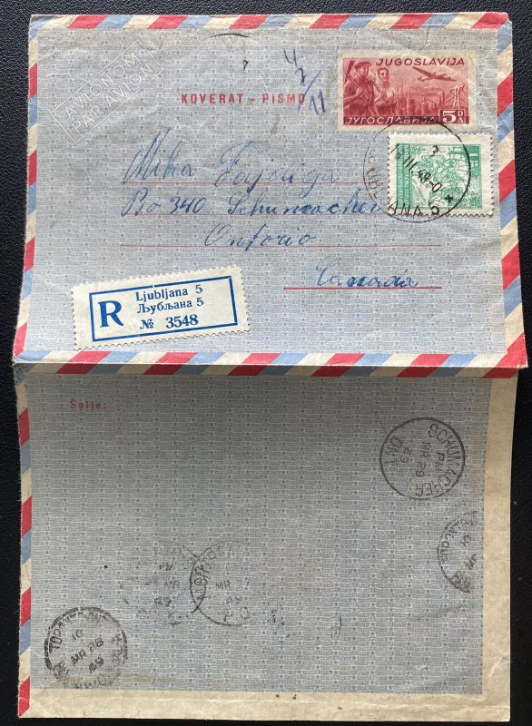 1949 Ljubljana Yugoslavia Air Letter Registered Cover To Ontario Canada