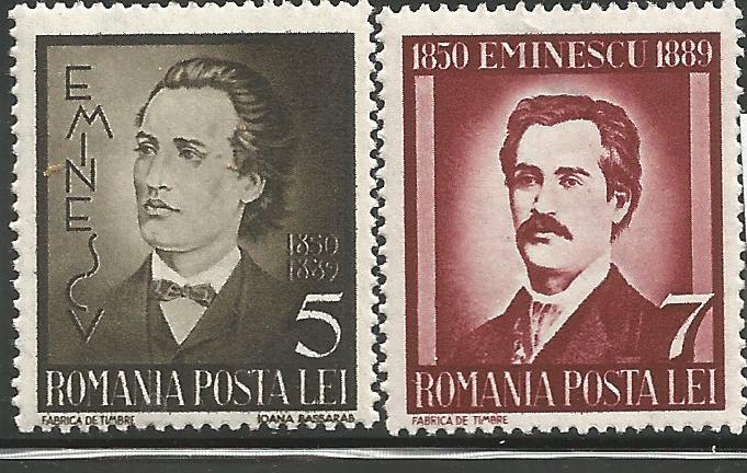 ROMANIA 491-492, HINGED, PAIR OF STAMPS, MIHAIL EMINESCU, 1889