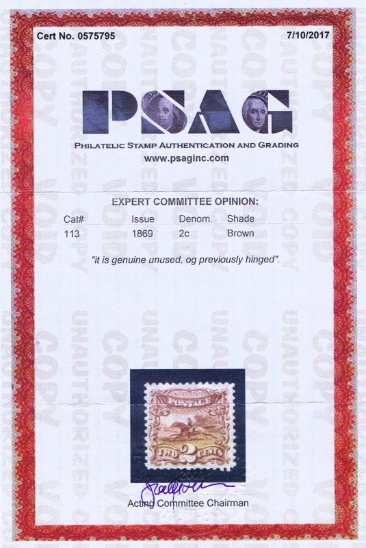 SC# 113 UNUSED OG PH POST HORSE & RIDER, 1869, VERY FINE EXTRA FINE, PSAG CERT. 