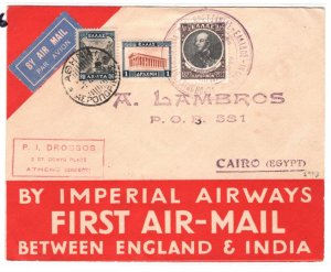 GREECE Air Mail Cover 1929 FIRST FLIGHT EGYPT Imperial Airways Red Advert MA1286