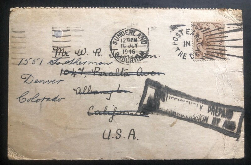 1946 Sunderland England Postcard Cover To Denver Co USA Insufficient Prepaid