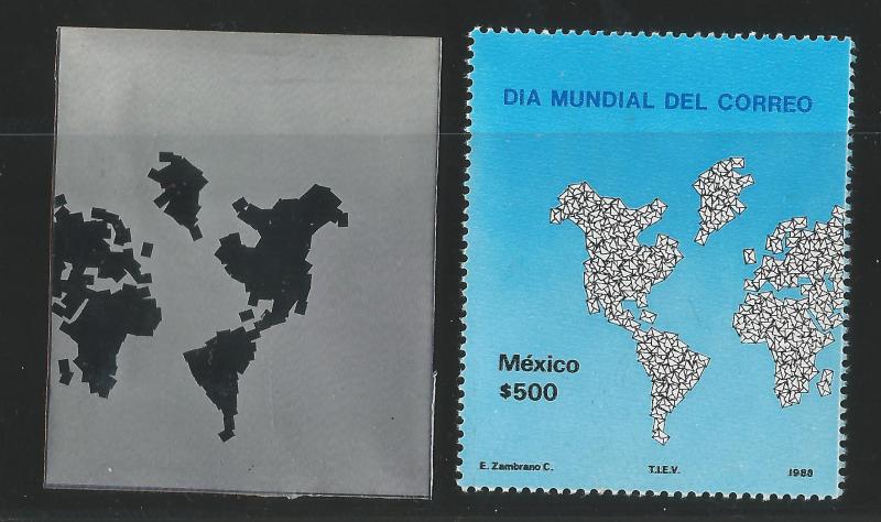 M) 1986 MEXICO, PRINTING PLATE, MAP OF THE WORLD, WITH SMALL WHITE ENVELOPES AS