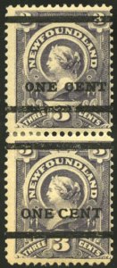 Newfoundland #76 Cat$550, 1897 1c on 3c gray lilac, vertical pair, lightly hi...