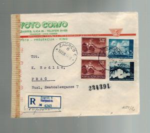 1944 Zagreb Yugoslavia Censored Registered Cover to Prague Foto Corso