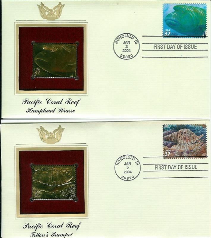 Pacific Coral Reef SET OF 10 22k GOLD FDCs Hawaii Fish Eels Shells + Text Cards!