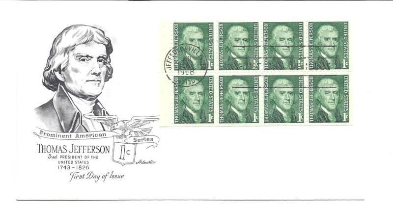 1278a 1c Jefferson Artmaster U/A Pane of 8,  FDC
