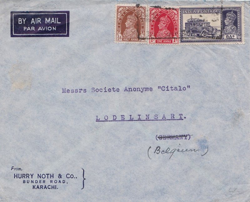India 8a KGVI Mail Truck and 1a and 1/2a KGVI c1938 [Karachi] Airmail to Lode...