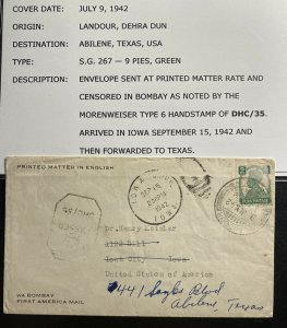 1942 Landour India Censored Cover To Abilene TX USA Via Bombay First America Mai