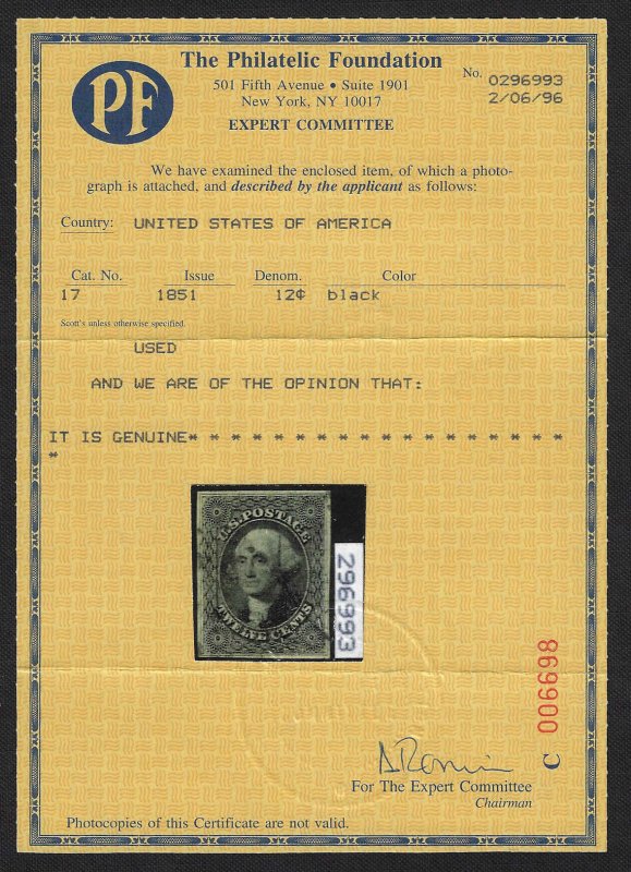 U.S. #17 Used VLH 12c Washington Imperf (1851) - PF Certificate