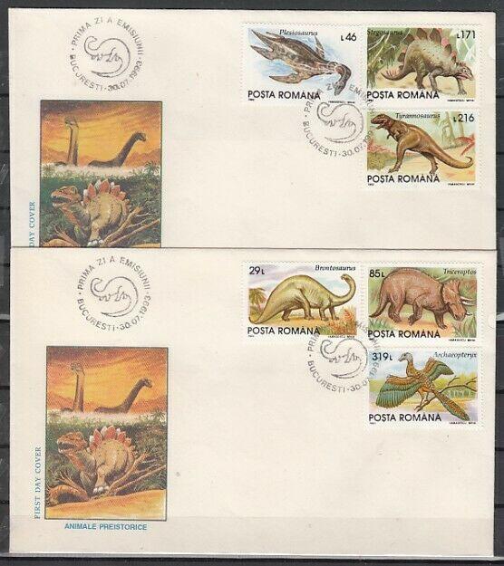 Romania, Scott cat. 3845-3850. Dinosaurs on 2 First Day Covers.