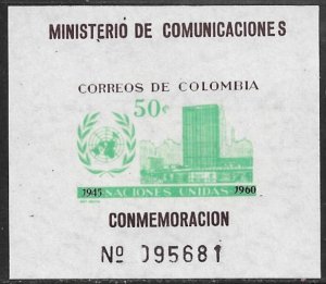 COLOMBIA 1960 UN ANNIVERSARY Souvenir Sheet Sc 725 MNH