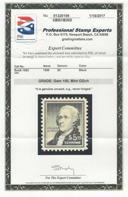 #1053 Mint Graded 100 Perfect Never Hinged with PSE Cert.  (GD 2/24)