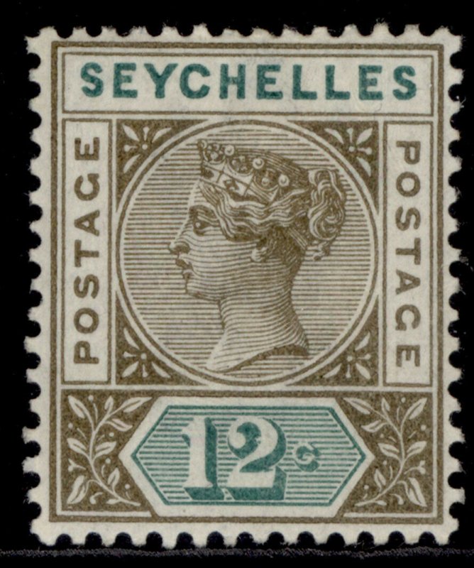 SEYCHELLES QV SG23, 12c sepia & green, M MINT.