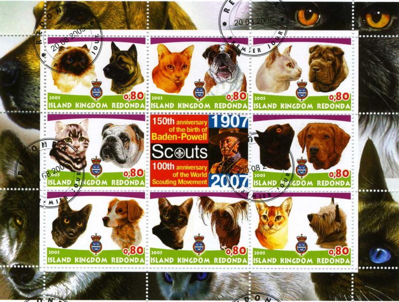 Caribbean island of Redonda 2005 DOGS CATS SCOUTS Sheet Perforated Fine Used VF