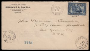1927 12 Confederation FDC from Toronto to New York, USA, registered. 