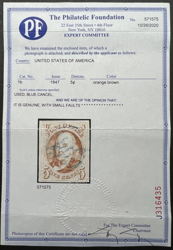 Scott#: 1a - Benjamin Franklin 5¢ 1847 used single stamp w/2020 PF cert