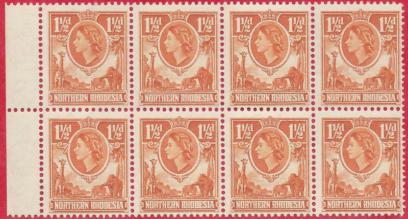 Northern Rhodesia 1953 1.1/2d orange-brown marginal block of 8 sg 63 MNH