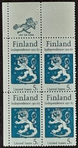 US Scott # 1334; 5c Finland Independence; MNH, og, from 1967; zip block of 4; vf