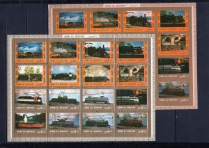 UMM AL QIWAIN 1972 LOCOMOTIVES 2 SHEETS OF 16 STAMPS PERF. & IMPERF. MNH