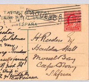 GB/SPAIN *PAQUEBOT* Postcard CANARIAS 1908 Las Palmas S.AFRICA Cape Town YA132