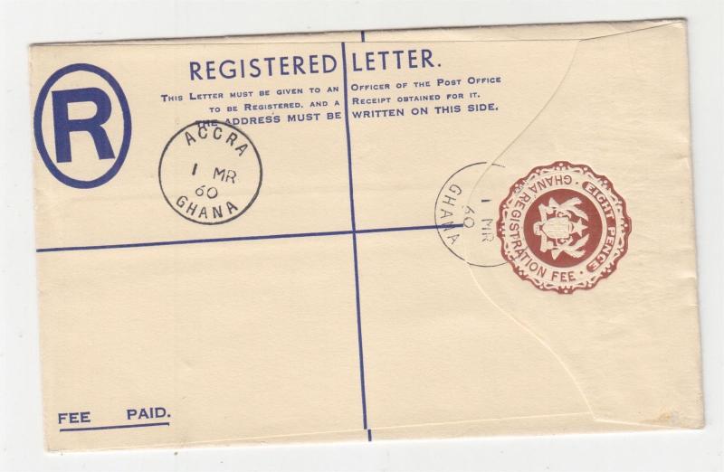 GHANA, Registered Letter Envelope, 1960 8d. Brown, First Day cachet, Accra cds.