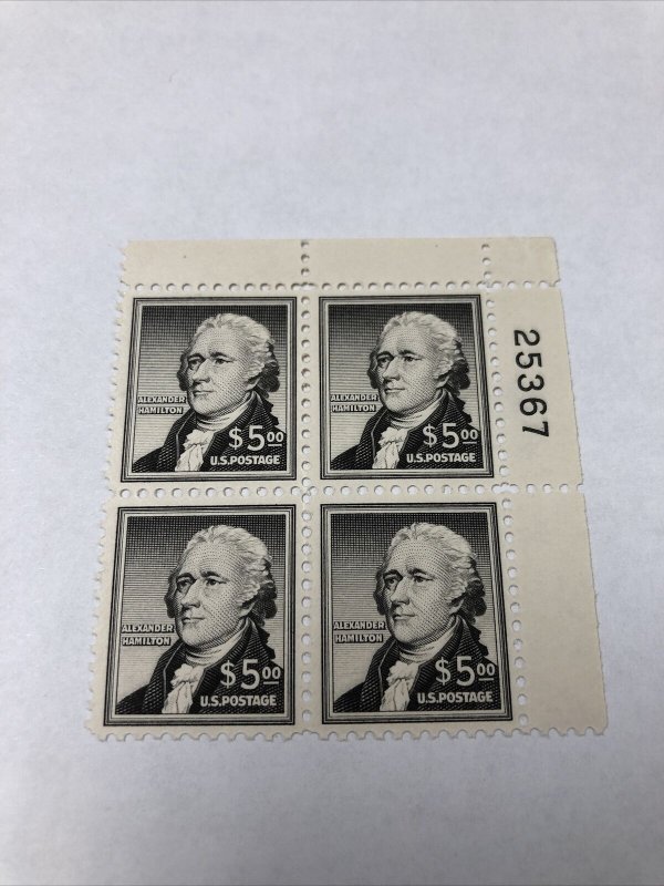 US 1053 Hamilton $5  Plate Block Of 4 Very Fine Mint Never Hinged 