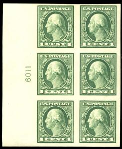 US # 408 1c Washington, SIDE PLATE BLOCK, SUPERB mint never hinged, VERY FRES...