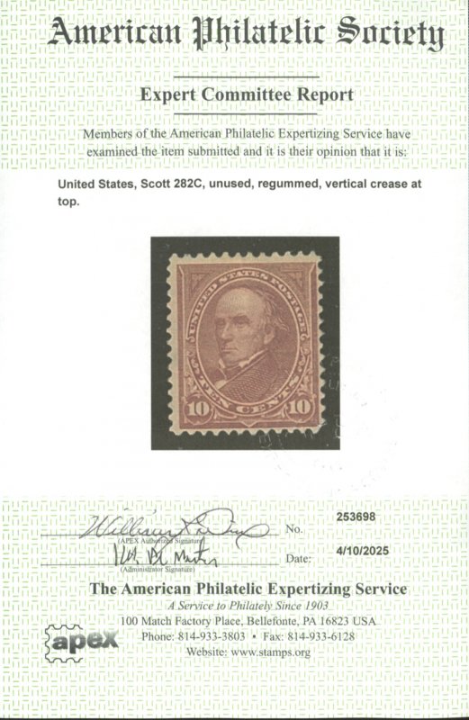 U.S. #282C MINT WITH APS CERT