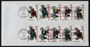 U.S. Used #3019 - 3023 32c Antique Cars. 2 Strips of 4 on First Day Cover