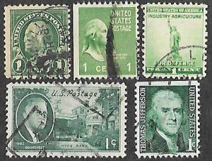 US SC 552,804,899,930,1278 - 1 cent Green Stamp Lot - Used - 1923/38/40/45/68